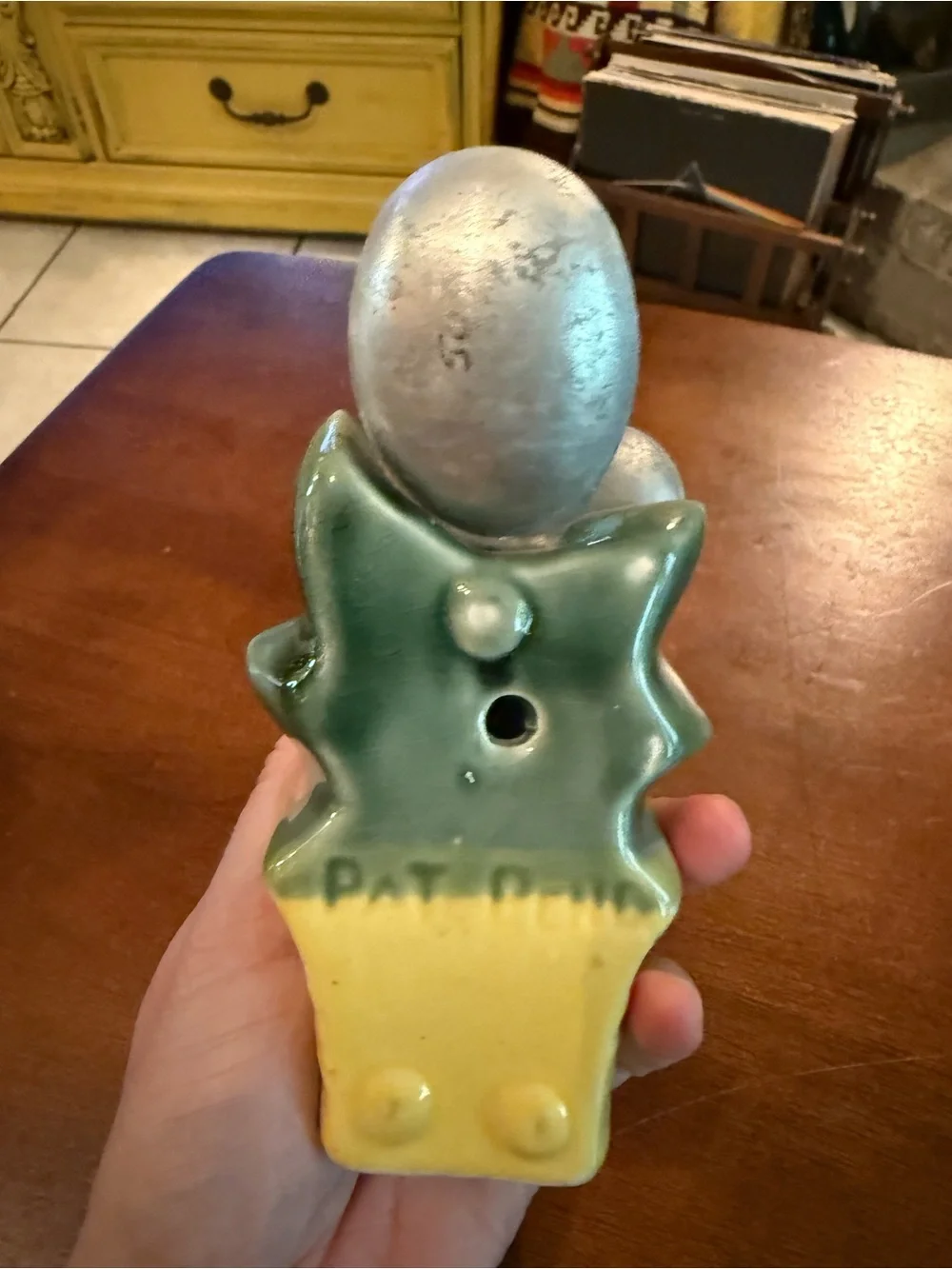 Vintage Ceramic Leaf & Basket Spoon Holder in Green and Yellow